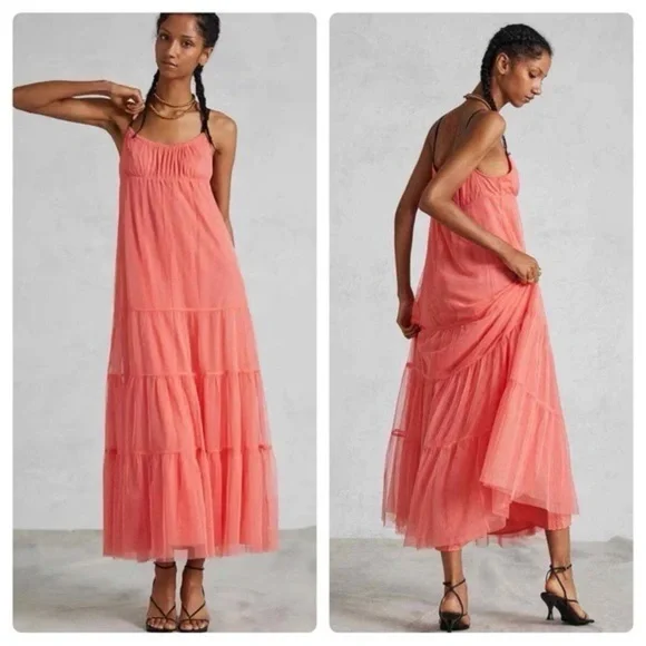 Anthropologie - MAEVE - Tulle, Coral, Tiered Maxi Dress Coral. Medium. - Picture 10 of 11